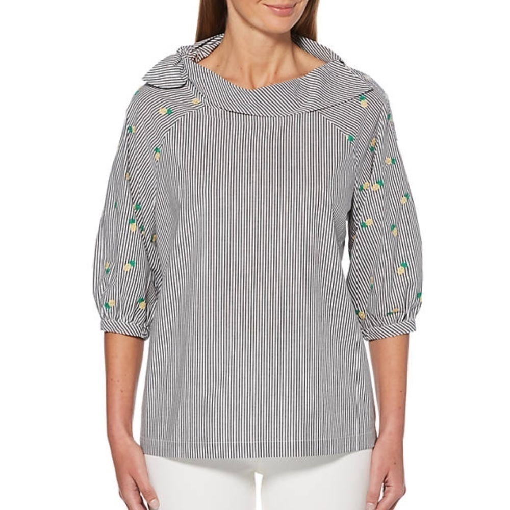 New Rafaella Petite Striped Pineapple Poplin Top